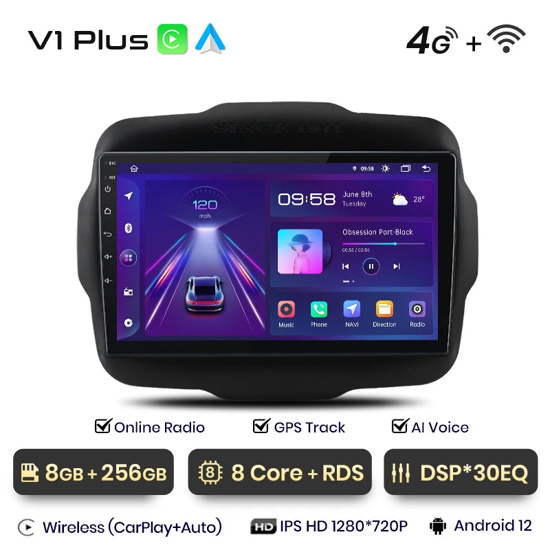 Junsun V1 AI Voice - Radio inalámbrica CarPlay Android para Jeep Renegade 2016-2020, 4G, GPS, 2DIN 