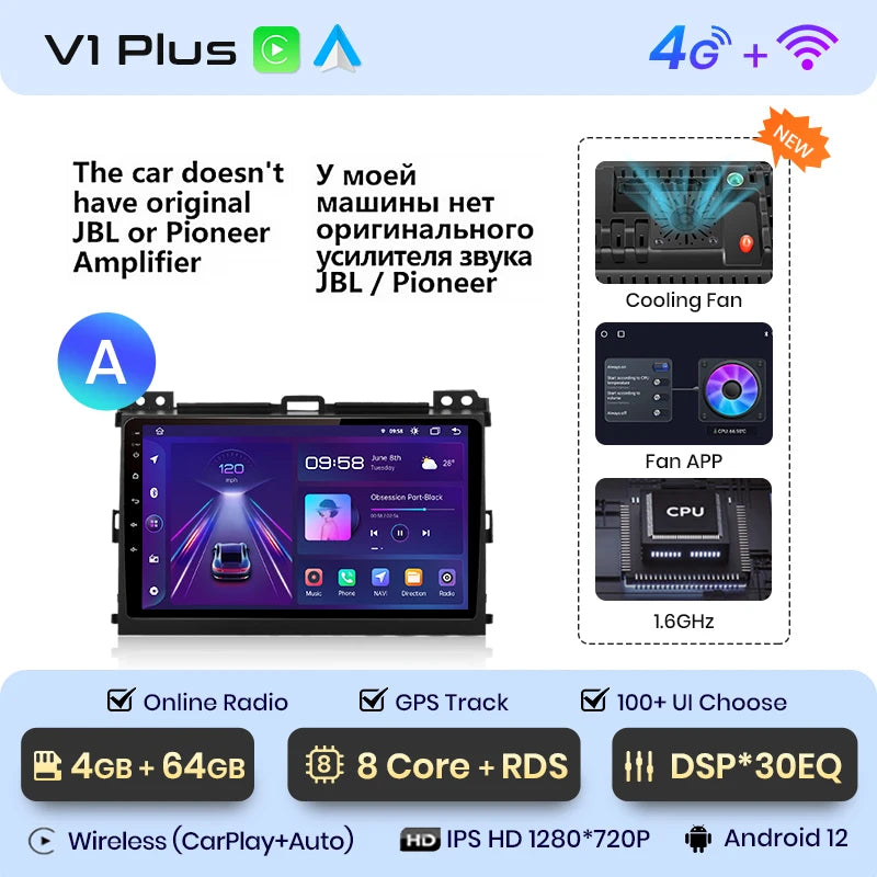 Junsun V1 Wireless CarPlay Android Auto Radio For Toyota Land Cruiser Prado 120 2004 - 2009 4G Car Multimedia GPS 2din autoradio