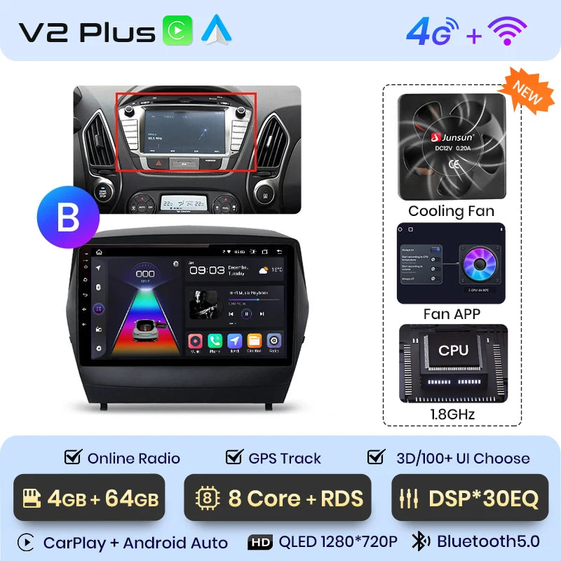 Radio Junsun para Hyundai Tucson 2 ix35 2009-2015 con CarPlay inalámbrico, Android Auto, sistema inteligente para coche, 2 DIN, DVD. 