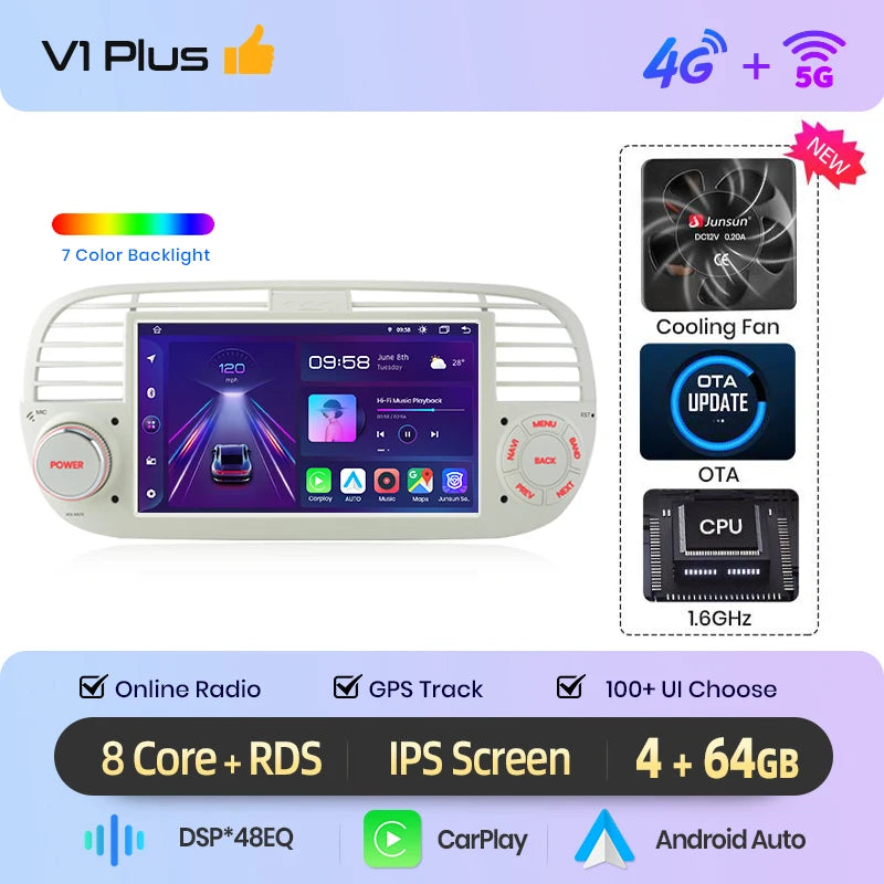 Junsun Wireless CarPlay Car Radio for Fiat 500 2007 2008 2009 2010-2015 Android Multimedia