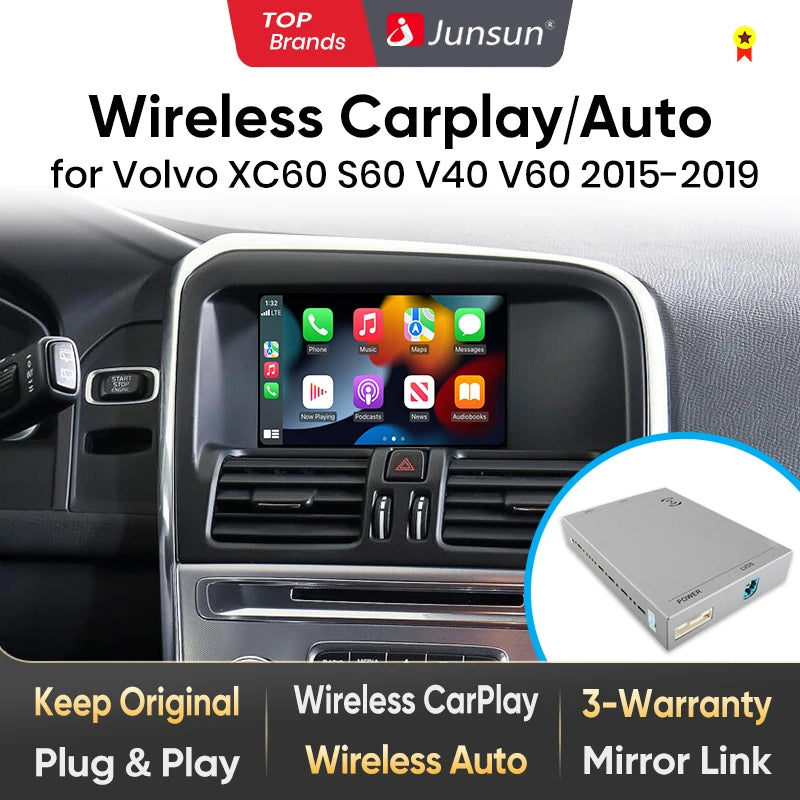 Junsun Wireless Carplay for Volvo, Android Auto, Airplay, Mirror Link, Car Accessories, Models For XC60, S60, V40, V60, XC90, S