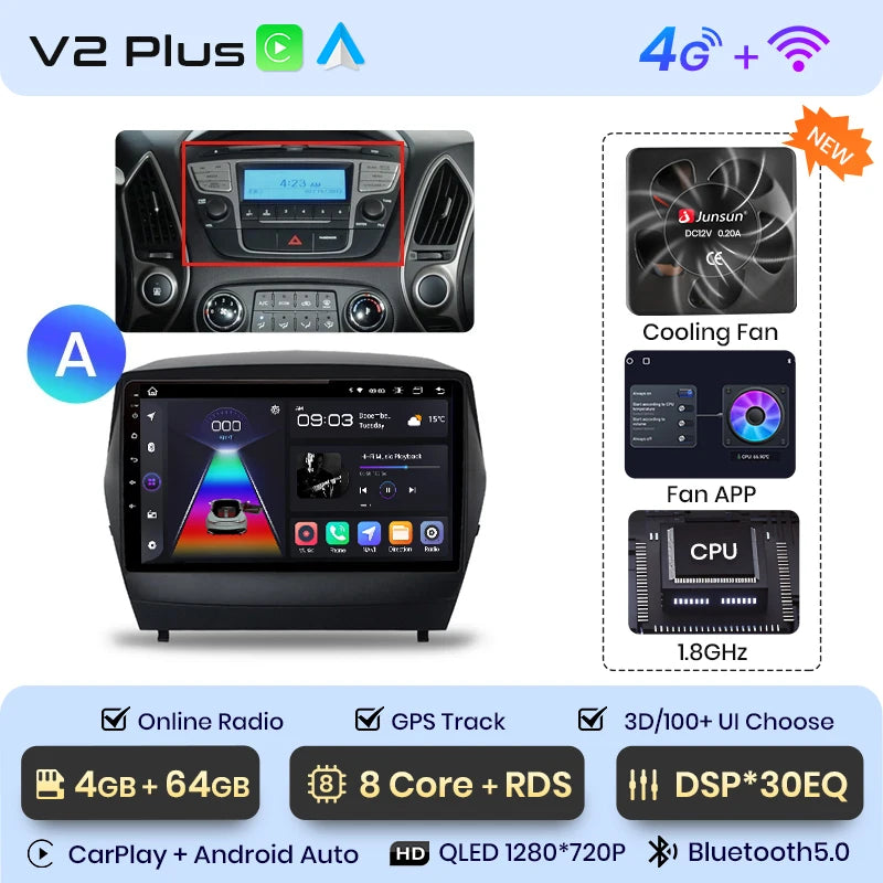 Radio Junsun para Hyundai Tucson 2 ix35 2009-2015 con CarPlay inalámbrico, Android Auto, sistema inteligente para coche, 2 DIN, DVD. 