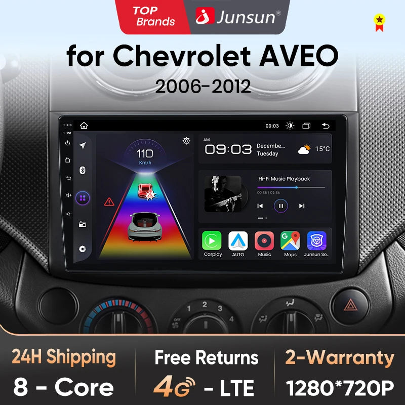 Radio Junsun V1 Plus para Chevrolet Aveo 2006-2012 con CarPlay inalámbrico, Android Auto, sistema inteligente, 2 DIN, DVD, 2 DIN. 