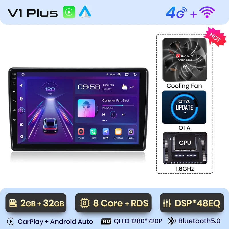 Radio Junsun V1 Plus para Skoda Fabia 2 2007-2014 con CarPlay inalámbrico, Android Auto, sistema inteligente para coche, 2 DIN, DVD. 