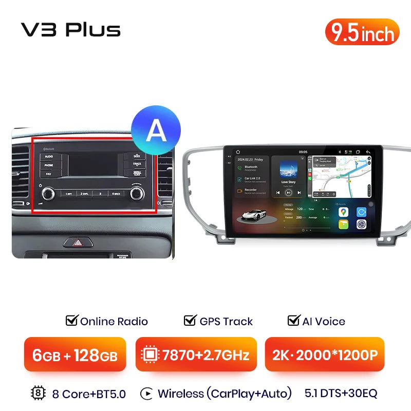 Junsun V3 Plus 2K Android 13 Wireless CarPlay Android Auto Car Intelligent Systems for Kia Sportage 4 QL 2018-2021 Autoradio
