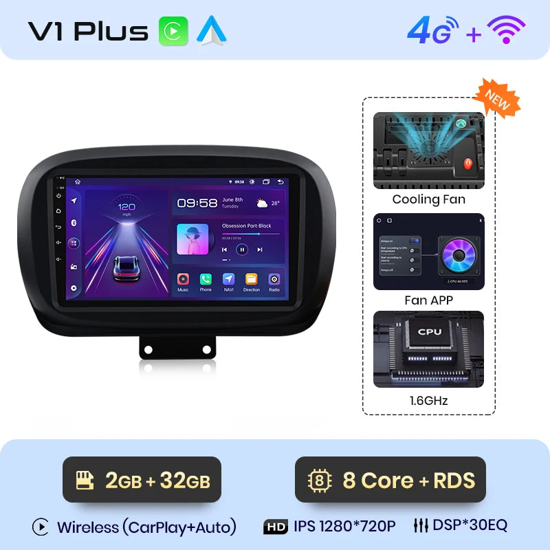 Radio Junsun V1 Plus para Fiat 500X 2014-2020 con CarPlay inalámbrico, Android Auto, sistema inteligente para coche, 2 DIN, DVD. 