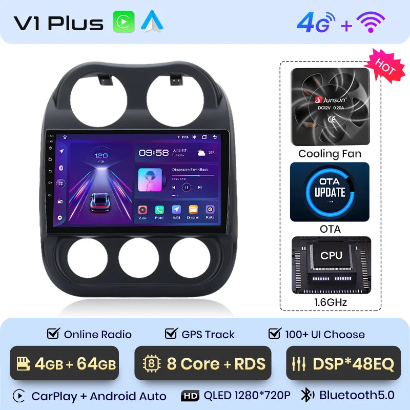 Radio Junsun para coche JEEP Compass Patriot 2010-2016 con CarPlay inalámbrico, Android Auto, sistema inteligente para coche, 2 DIN, DVD. 
