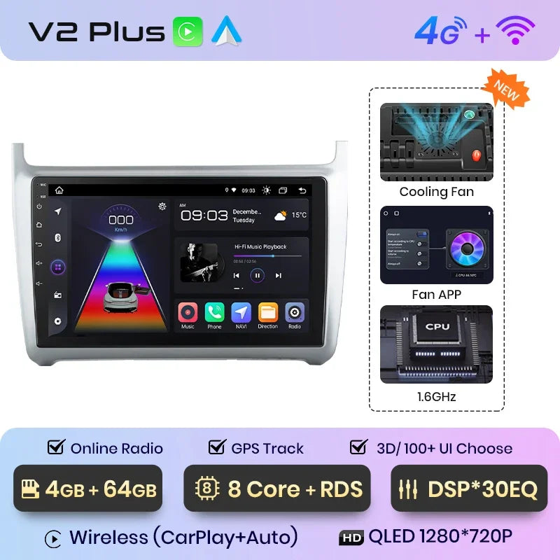 Junsun CarPlay inalámbrico Android Auto Radio para VOLKSWAGEN POLO 2014 Sistemas inteligentes para coche RDS BT WiFi 2 DIN 