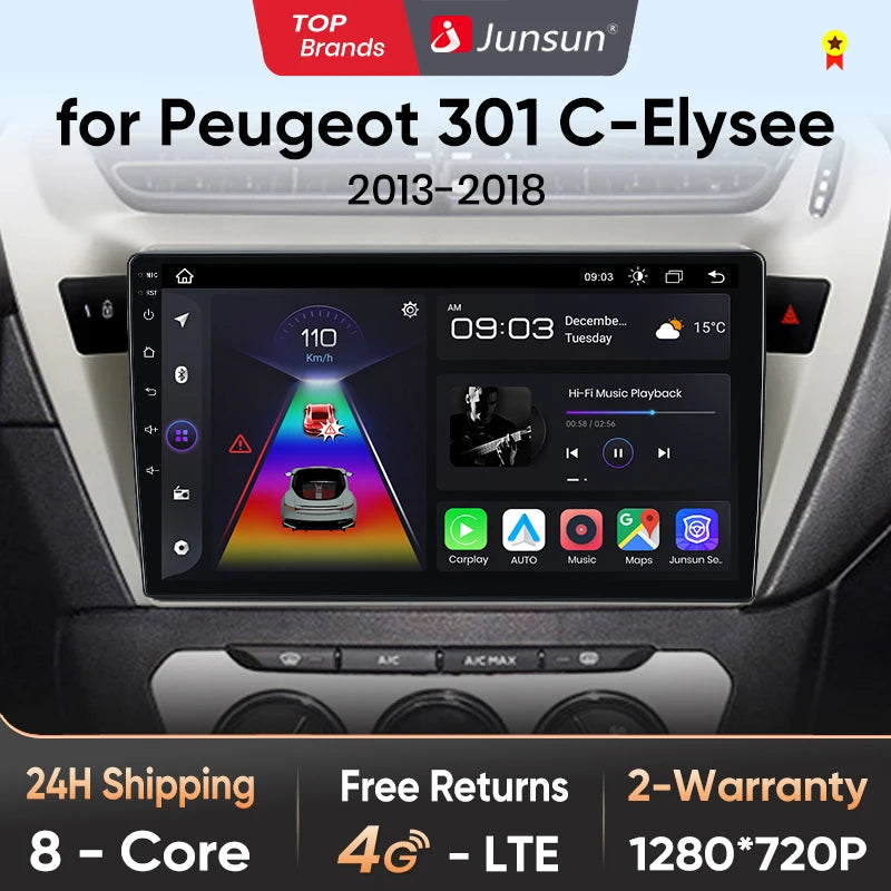 Radio Junsun V1 Plus para Peugeot 301 y Citroën Elysee (2013-2018), inalámbrica, CarPlay, Android Auto, 2 DIN, DVD. 