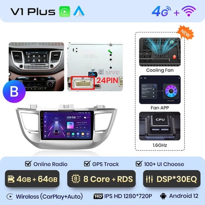 Junsun V1pro - Radio inalámbrica con CarPlay y Android para Hyundai IX35 Tucson 3 (2015-2018), 4G, GPS, 2DIN 
