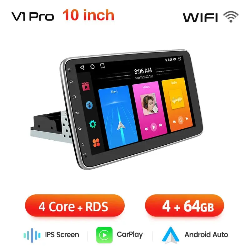 ESSGOO 10.1" Rotatable 1 DIN Android 14 Car Stereo – 4+64GB, Wireless Carplay, GPS, RDS