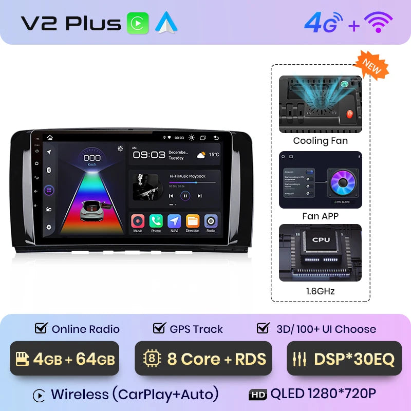 Junsun V1 - Radio inalámbrica con CarPlay y Android para Mercedes Benz Clase R (W251, R300, R280, R320, años 2005 a 2017) 