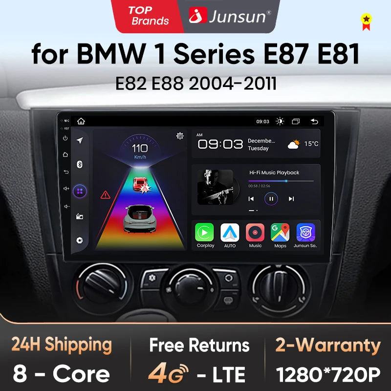 Junsun V1 AI Voice - Radio inalámbrica CarPlay Android Auto para BMW Serie 1, Serie 1, E87, E81, E82, E88 (2004-2011), 4G, GPS multimedia para coche 