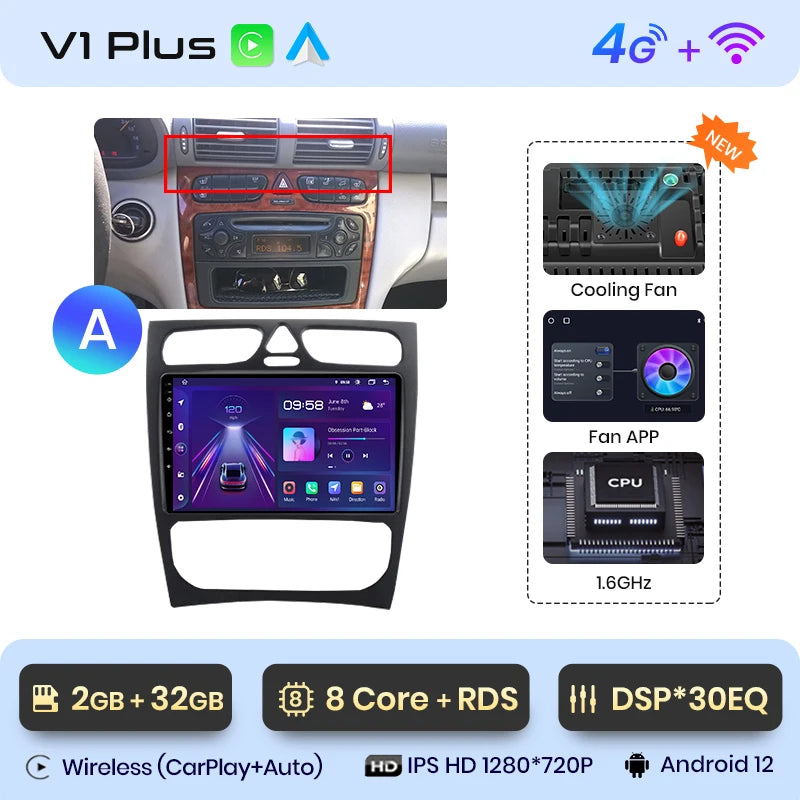 Radio para coche Junsun CarPlay Android Auto para Mercedes Benz Clase C Clase CLK W203 W209 S203 A209 2000-2005 Sistemas inteligentes Auto 