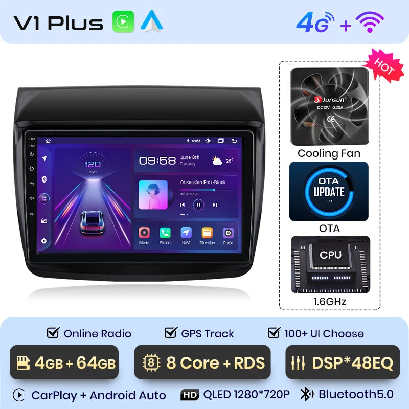 Radio Junsun V1 Plus para Mitsubishi Pajero Sport 2 L200 Triton 2008-2016 con CarPlay inalámbrico, Android Auto, 2 DIN, DVD. 