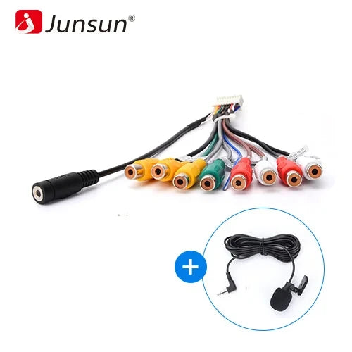 Cable adaptador de entrada auxiliar con salida RCA para radio estéreo de coche Junsun con micrófono, accesorios para coche 