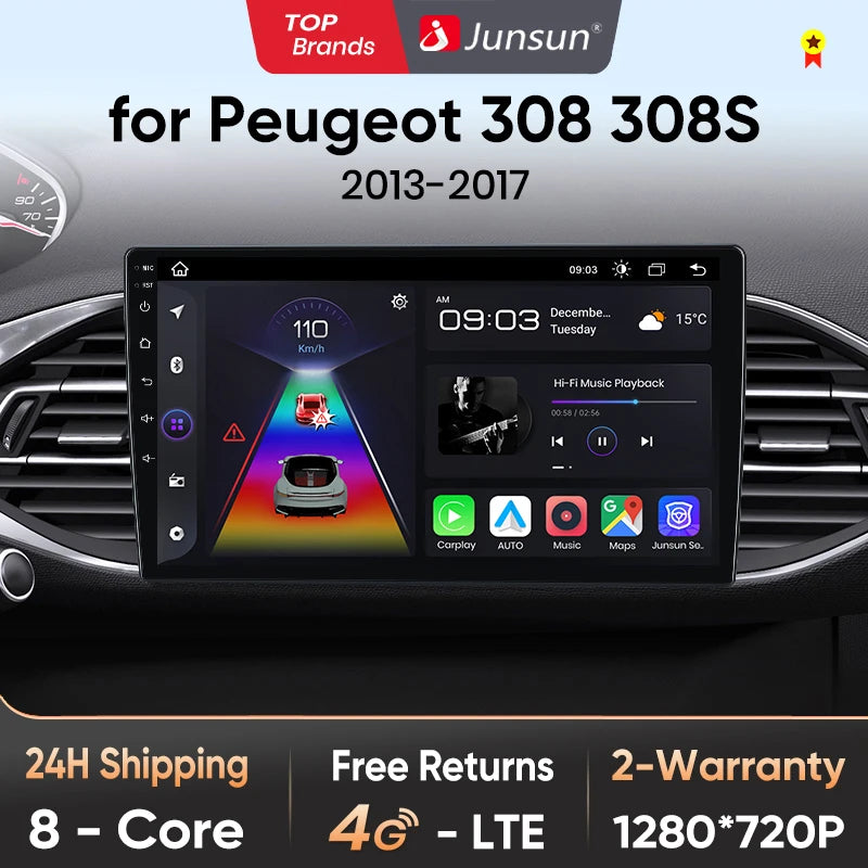 Radio Junsun para Peugeot 308 308S 2013-2017 con CarPlay inalámbrico, Android Auto, sistema inteligente para coche, 2 DIN, DVD. 