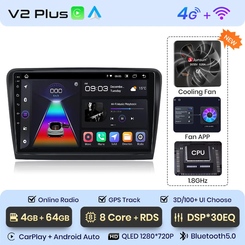 Radio Junsun V1 Plus para Skoda Superb 2 (2008-2015), inalámbrica, CarPlay, Android Auto, sistema inteligente, 2 DIN, DVD. 