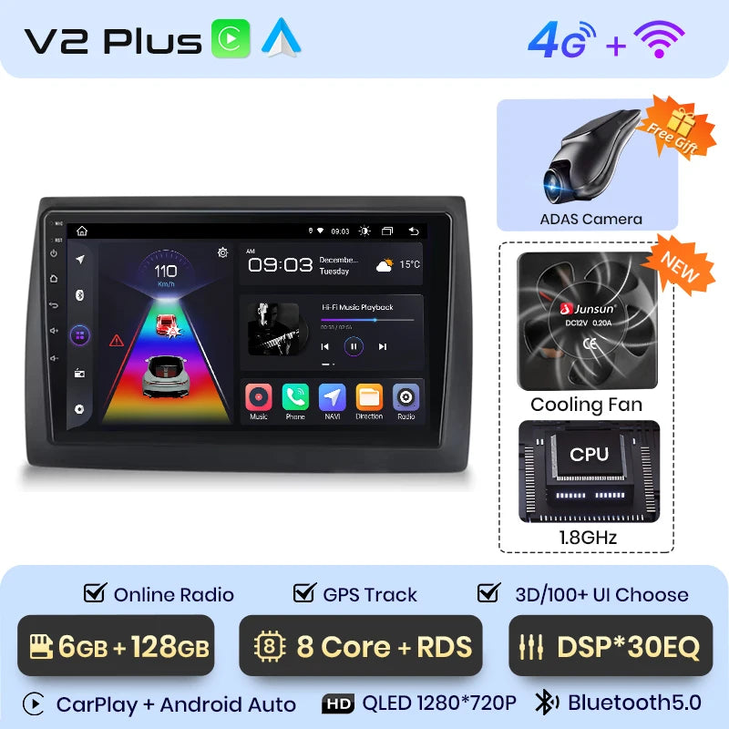 Junsun V1 Plus Autoradio für Fiat Stilo 2001–2010, kabelloses CarPlay, Android Auto, intelligente Autosysteme, keine 2 Din, 2 Din DVD 