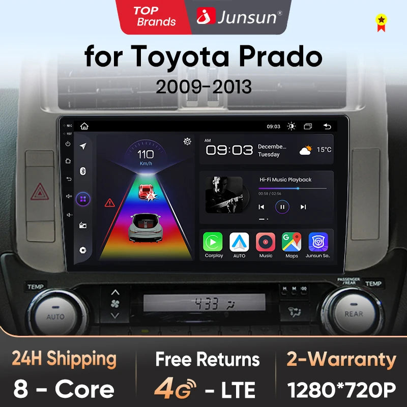 Radio Junsun V1pro con voz IA y Android Auto, multimedia para Toyota Land Cruiser Prado 150 (2009-2013), 4G, Carplay, 2DIN 