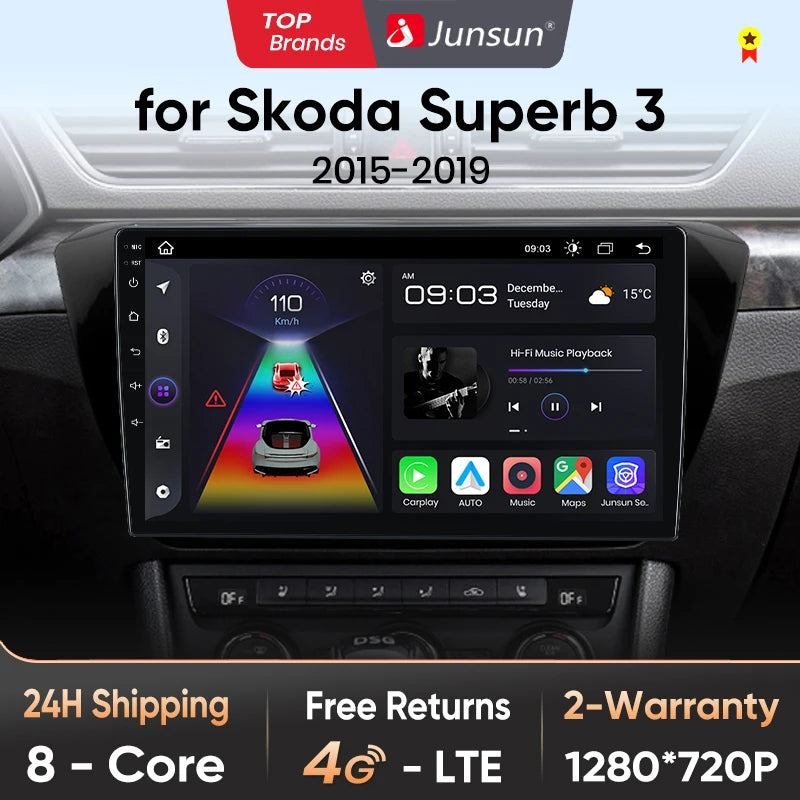 Junsun V1pro AI Voice Android Auto Radio for Skoda Superb 3 2015-2019 Carplay 4G Car Multimedia GPS 2din autoradio