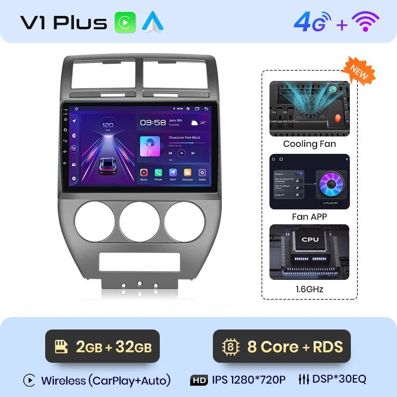 Junsun V1 AI Voice - Radio inalámbrica CarPlay Android para Jeep Compass 2007-2009, 4G, GPS, 2DIN 