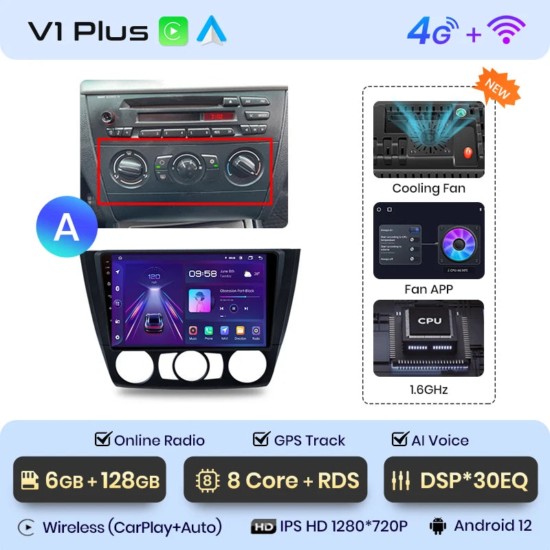 Junsun V1 AI Voice - Radio inalámbrica CarPlay Android Auto para BMW Serie 1, Serie 1, E87, E81, E82, E88 (2004-2011), 4G, GPS multimedia para coche 