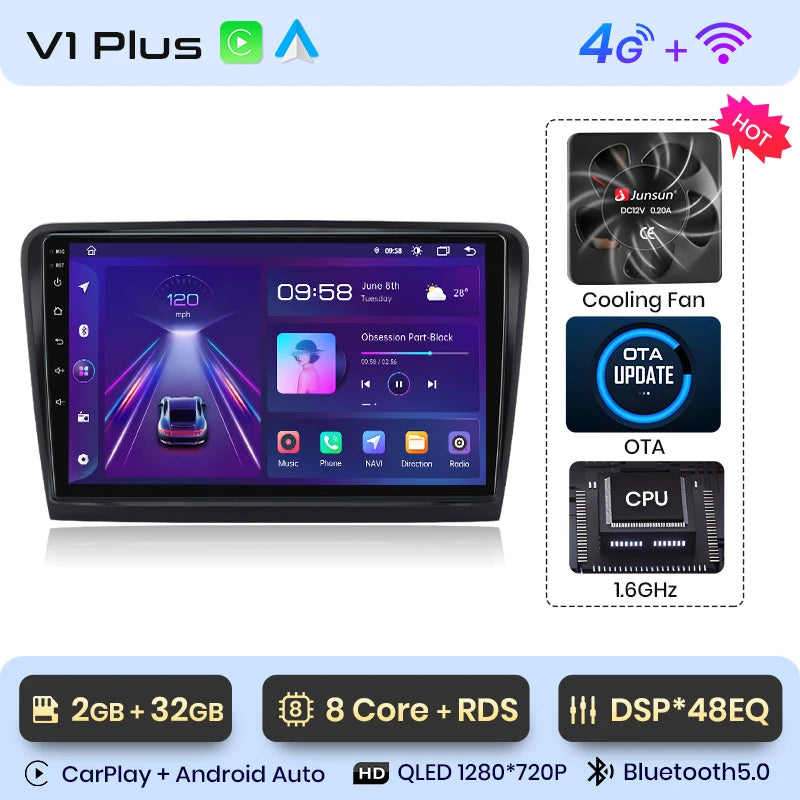 Radio Junsun V1 Plus para Skoda Superb 2 (2008-2015), inalámbrica, CarPlay, Android Auto, sistema inteligente, 2 DIN, DVD. 