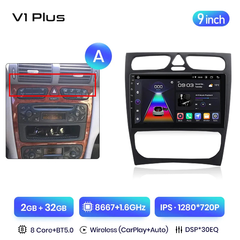 Junsun V3 Plus 2K CarPlay Android Auto Car Intelligent Systems for Mercedes Benz C Class CLK Class W203 W209 S203 A209 2000-2005