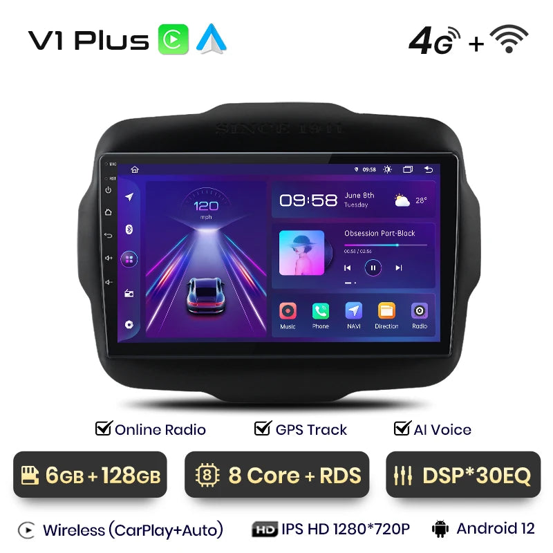 Junsun V1 AI Voice - Radio inalámbrica CarPlay Android para Jeep Renegade 2016-2020, 4G, GPS, 2DIN 