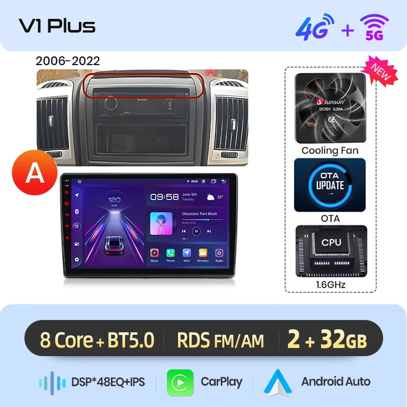 Junsun AI 4G LTE Wireless CarPlay Android Auto Car Radio For Fiat Ducato Peugeot Boxer Citroen Jumper 2006-2015 GPS Navi RDS FM