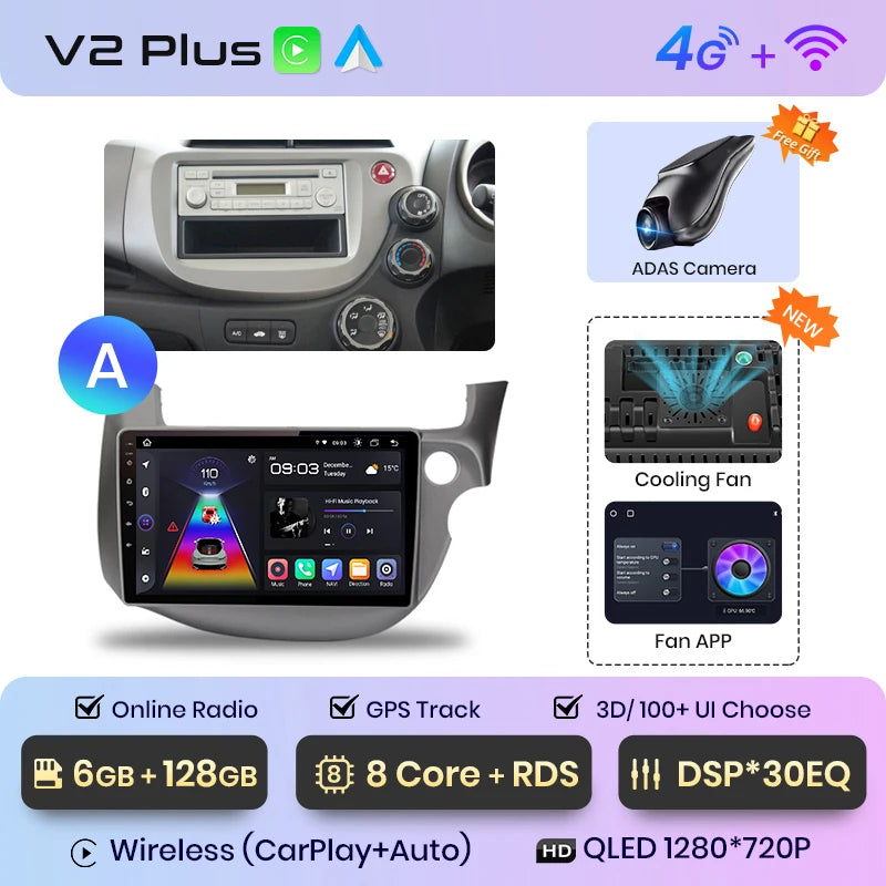 Junsun V1pro Android 10 AI Voice 4G Carplay RDS Radio de coche multimedia GPS para Honda Fit Jazz 2007-2013 2DIN autorradio bluetooth 