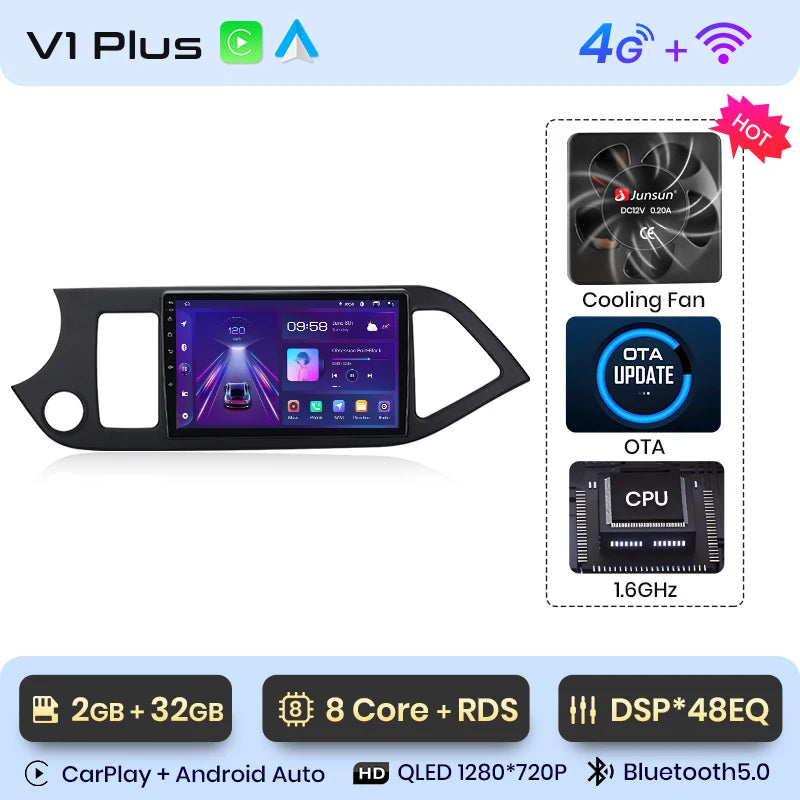 Junsun Autoradio für KIA Morning Picanto 2011–2016, kabelloses CarPlay Android Auto, intelligente Autosysteme, keine 2 Din, 2Din DVD 