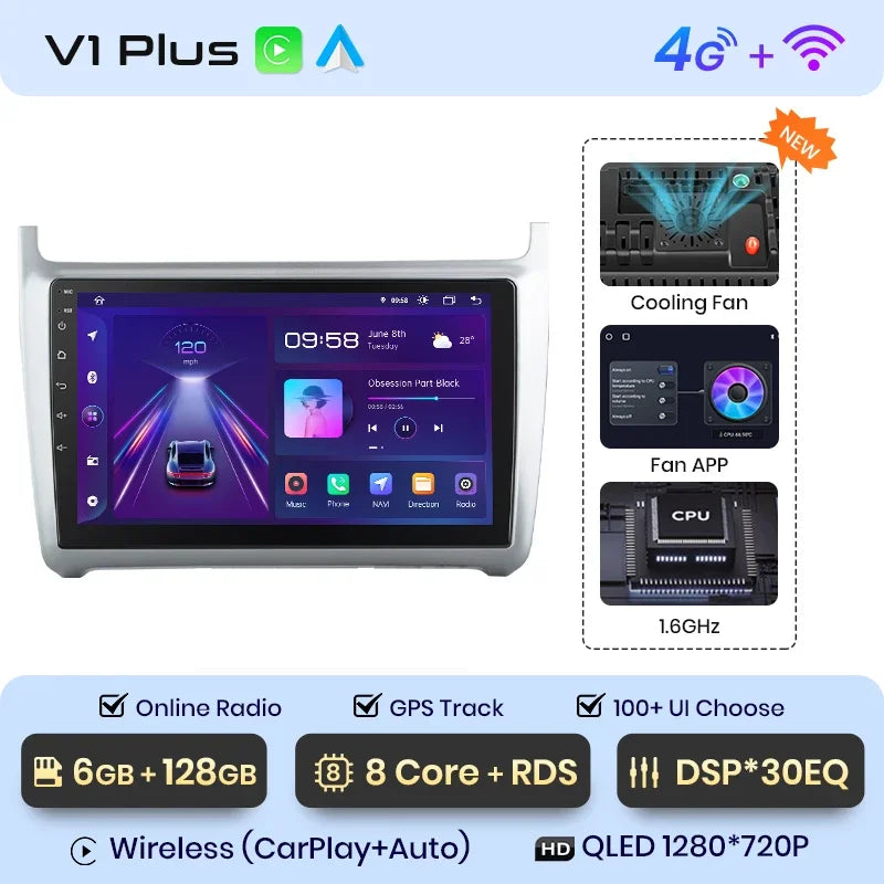 Junsun CarPlay inalámbrico Android Auto Radio para VOLKSWAGEN POLO 2014 Sistemas inteligentes para coche RDS BT WiFi 2 DIN 