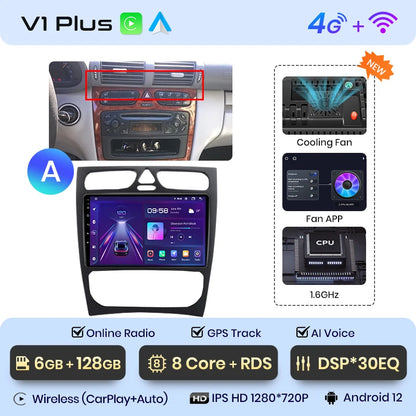 Radio para coche Junsun CarPlay Android Auto para Mercedes Benz Clase C Clase CLK W203 W209 S203 A209 2000-2005 Sistemas inteligentes Auto 