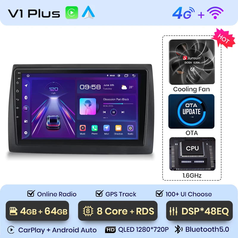 Junsun V1 Plus Autoradio für Fiat Stilo 2001–2010, kabelloses CarPlay, Android Auto, intelligente Autosysteme, keine 2 Din, 2 Din DVD 