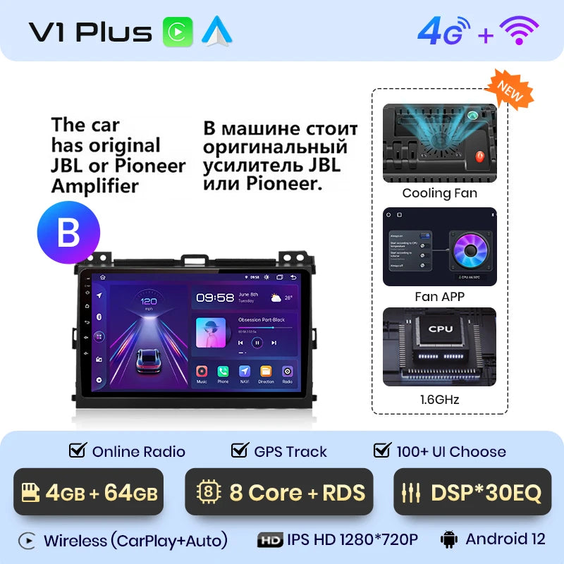 Junsun V1 Wireless CarPlay Android Auto Radio For Toyota Land Cruiser Prado 120 2004 - 2009 4G Car Multimedia GPS 2din autoradio