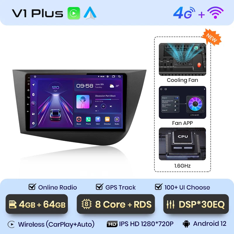 Radio de coche Junsun V1 con CarPlay inalámbrico y Android Auto para Seat Leon MK2 2005-2012 con GPS y sistemas inteligentes. 