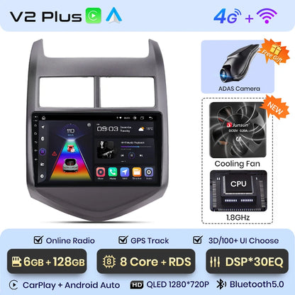 Radio Junsun V1 Plus para Chevrolet Aveo 2 Sonic T300 2011-2015 con CarPlay inalámbrico, Android Auto, 2 DIN, DVD. 