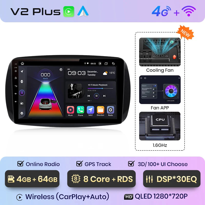 Junsun V1 AI Voice - Radio inalámbrica CarPlay Android para Mercedes Benz Smart 2016, GPS, 2DIN, para coche 