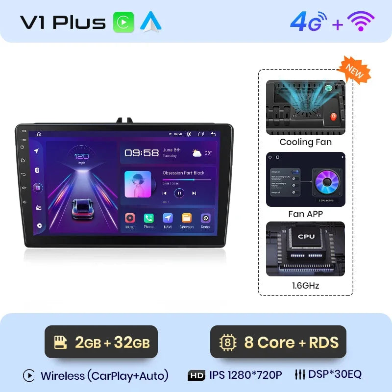 Junsun CarPlay inalámbrico Android Auto Radio para VW Tiguan Touran Caddy Passat Seat 2009 Sistemas inteligentes para coche RDS BT WiFi 2 DIN 