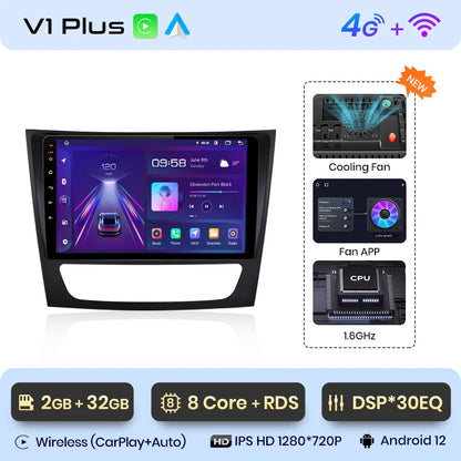 Junsun V1 - Radio inalámbrica con CarPlay y Android para Mercedes Benz Clase E (W211, E300, años 2002 a 2010), 4G, GPS, 2DIN 