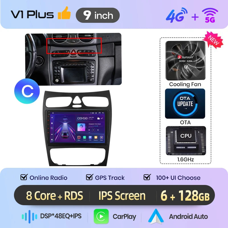 Junsun Wireless CarPlay Car Radio For Benz C Class CLK Class W203 W209 2000-2005 Android Multimedia