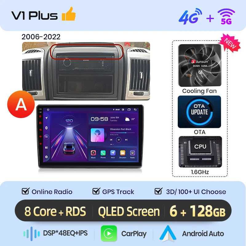Junsun AI 4G LTE Wireless CarPlay Android Auto Car Radio For Fiat Ducato Peugeot Boxer Citroen Jumper 2006-2015 GPS Navi RDS FM