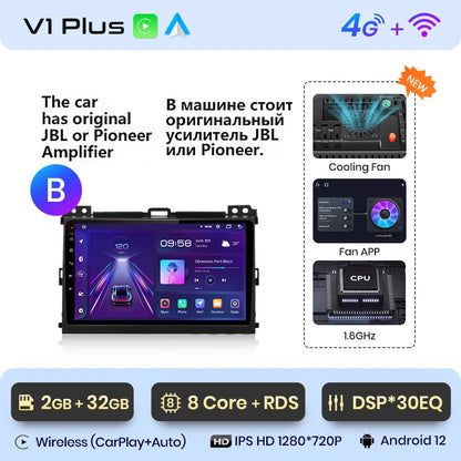 Junsun V1 Wireless CarPlay Android Auto Radio For Toyota Land Cruiser Prado 120 2004 - 2009 4G Car Multimedia GPS 2din autoradio