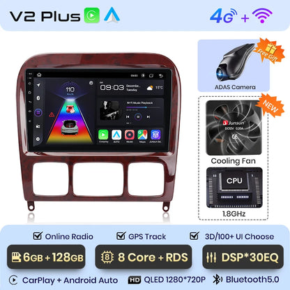 Radio Junsun V1 Plus para Mercedes Benz Clase S W220 1998-2005 con CarPlay inalámbrico, Android Auto, 2 DIN, DVD. 