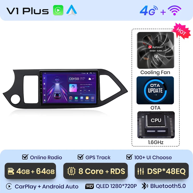 Junsun Autoradio für KIA Morning Picanto 2011–2016, kabelloses CarPlay Android Auto, intelligente Autosysteme, keine 2 Din, 2Din DVD 