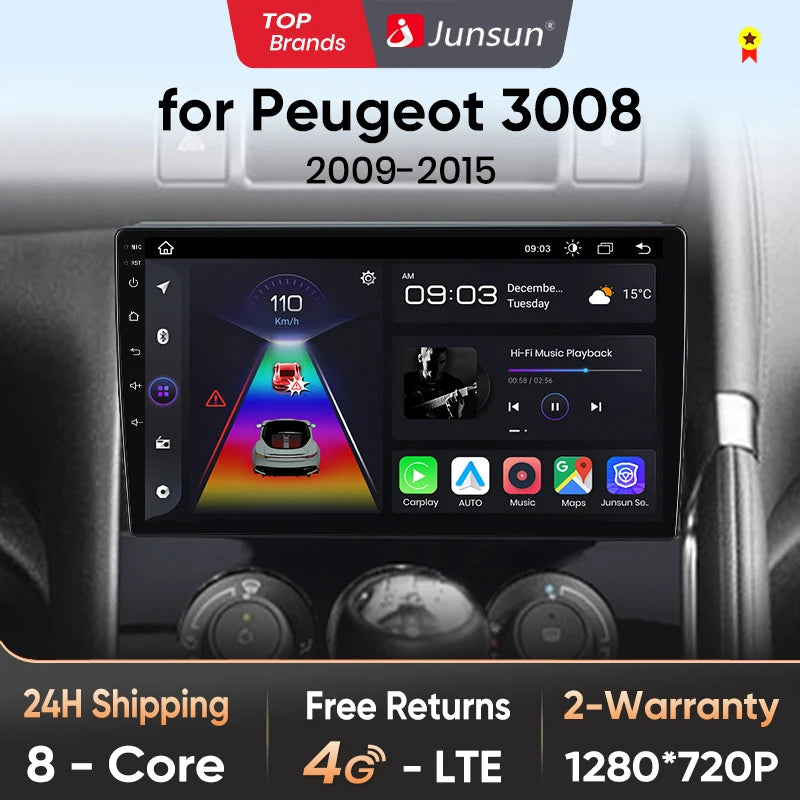 Radio Junsun V1 Plus para Peugeot 3008 2009-2015 con CarPlay inalámbrico, Android Auto, sistema inteligente para coche, 2 DIN, DVD. 