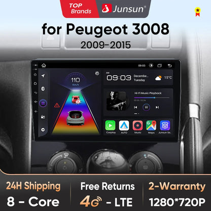 Radio Junsun V1 Plus para Peugeot 3008 2009-2015 con CarPlay inalámbrico, Android Auto, sistema inteligente para coche, 2 DIN, DVD. 