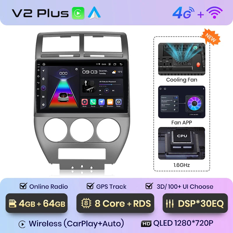 Junsun V1 AI Voice - Radio inalámbrica CarPlay Android para Jeep Compass 2007-2009, 4G, GPS, 2DIN 